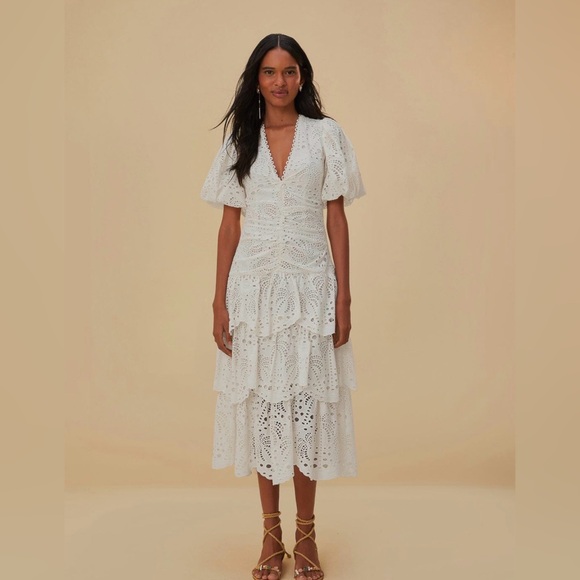 FARM Rio Dresses & Skirts - NEW FARM Rio White Eyelet Tiered Puff Sleeve Midi Dress‎ Size XS